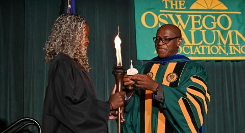 The university's 37th annual Welcoming Torchlight Ceremony on Aug. 20 welcomed new Lakers in the Deborah F. Stanley Arena and Convocation Hall. Student Association President Precious James and President Peter O. Nwosu start the tradition.