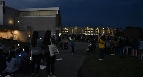 At just before 3:22 p.m. on Monday, April 8, totality occurred over the SUNY Oswego campus as the moon completely blocked the sun for a total solar eclipse, casting the campus into shadow for nearly three and a half minutes. 