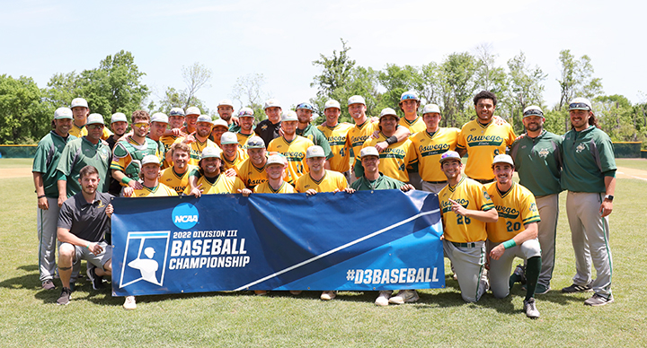 The Laker baseball team continued its run in the NCAA Tournament by winning three straight games to stave off elimination in the regional round; here they pose with the regional championship banner