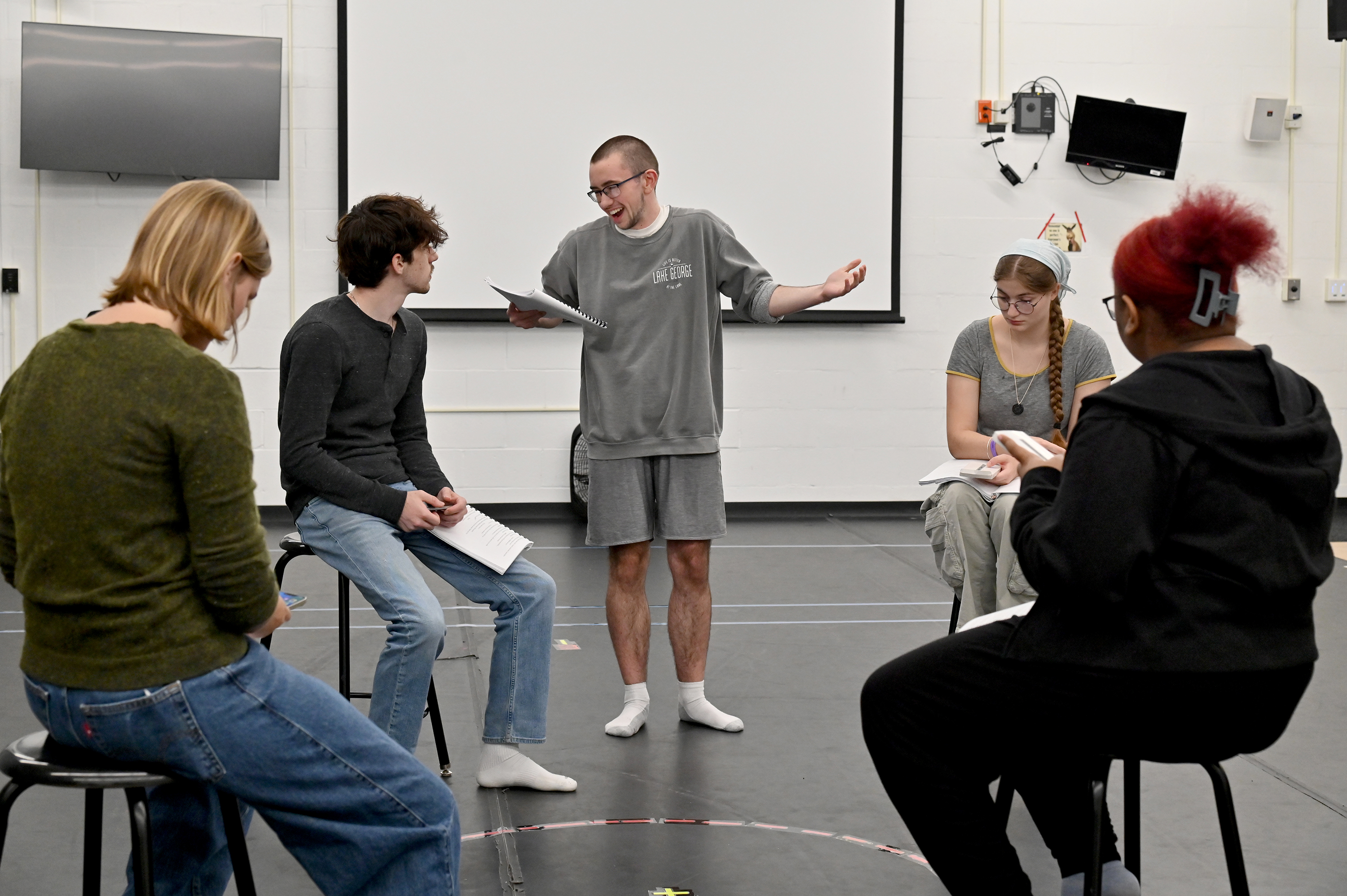 Shown during a Tyler Hall rehearsal, the Theater Department's production of The Grown Ups, which will run Nov. 12 through 17, follows a group of camp counselors trying to mold the leaders of tomorrow when their tomorrows are looking bleaker and bleaker.
