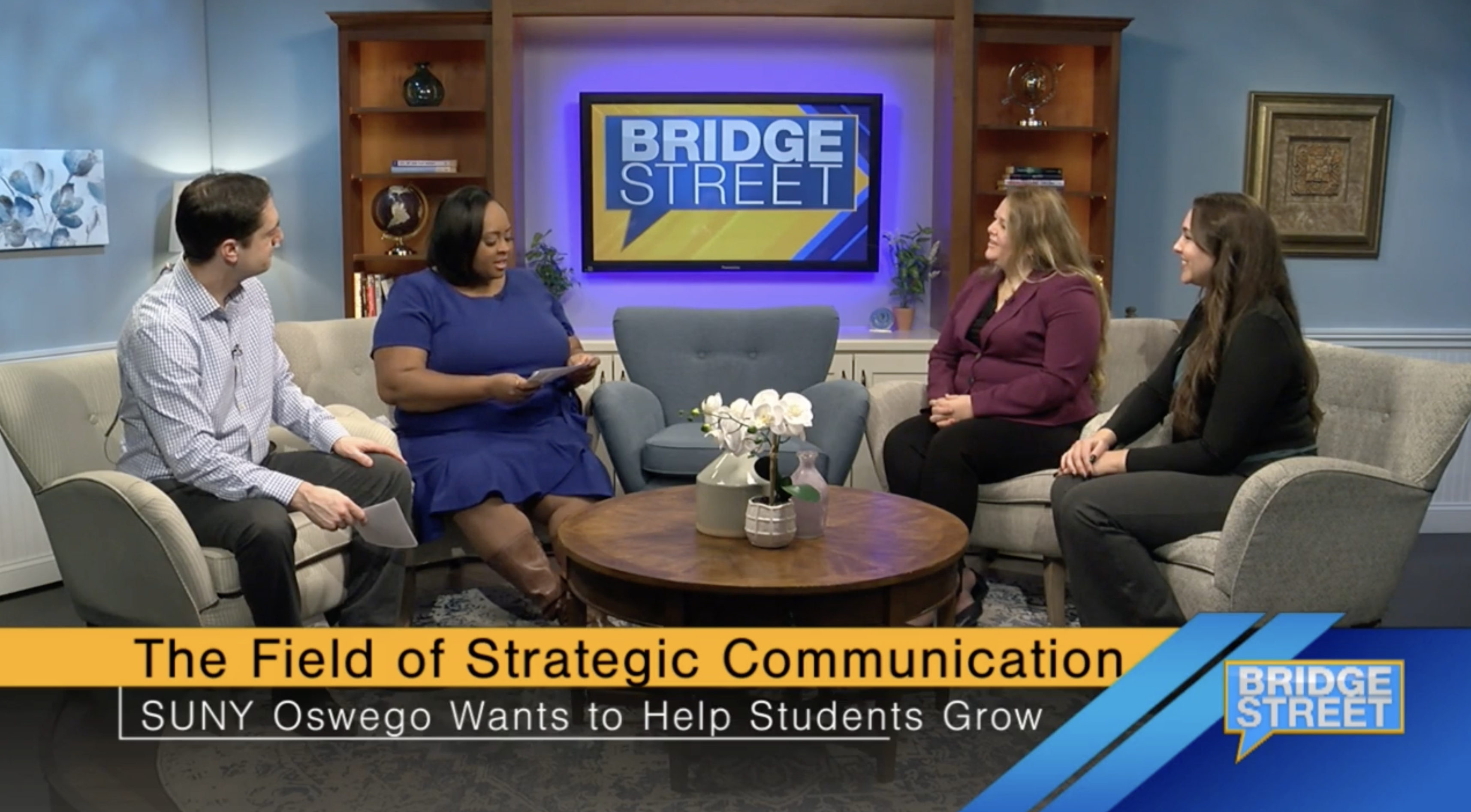 screenshot of the segment on bridgestreet with two hosts and suny oswego professor and student