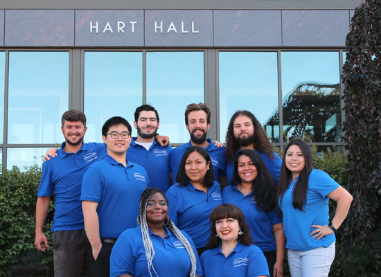 Hart Hall Resident Student Staff group photo is ready to welcome you!