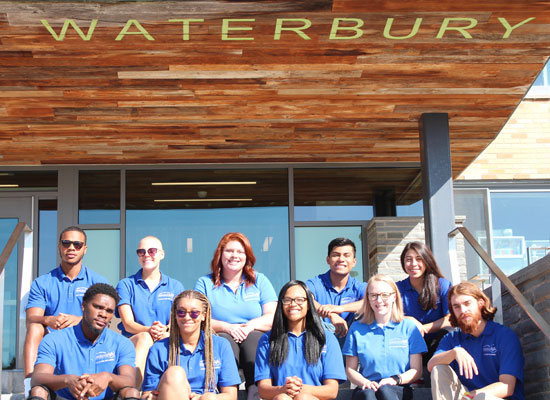 Waterbury Hall Resident Student Staff group photo. We are ready to welcome you!