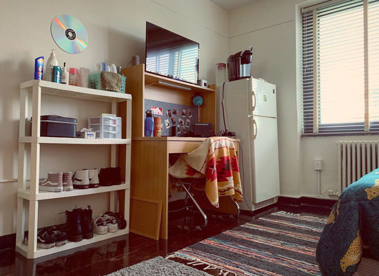 Lonis Hall (part of the Mackin Complex) room includes desk with a lighted hutch and fridge.