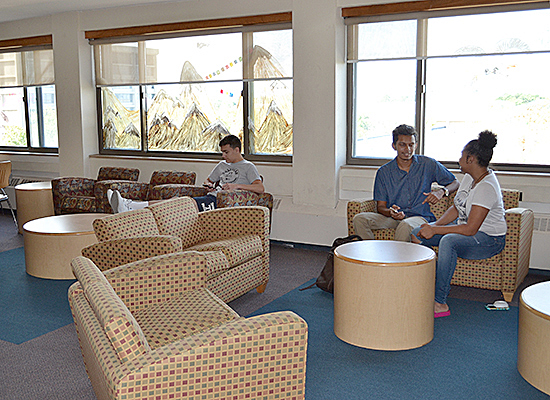 Hart Hall residents relax in the second floor lounge.