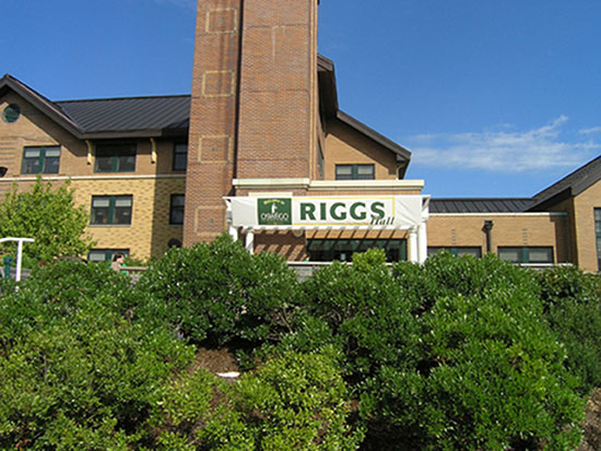 Summer scene of Riggs Hall main entrance.