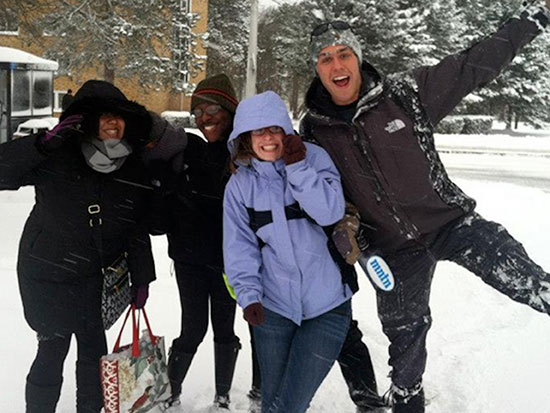 Fun in the snow at Riggs Hall.