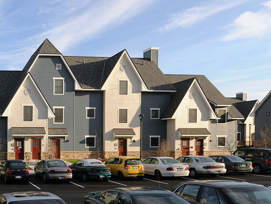 Close up view of The Village townhouses.