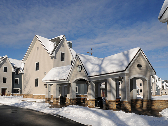 Winter scene of the bus stop at The Village.