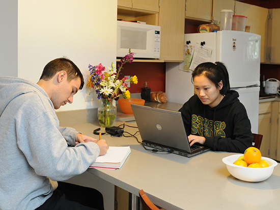 Two students doing homework sitting at the peninsula in the kitchen at The Village.