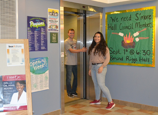 Going up? Residents board the Riggs Hall elevator. Also, a great place to hang posters of hall and campus-wide events.