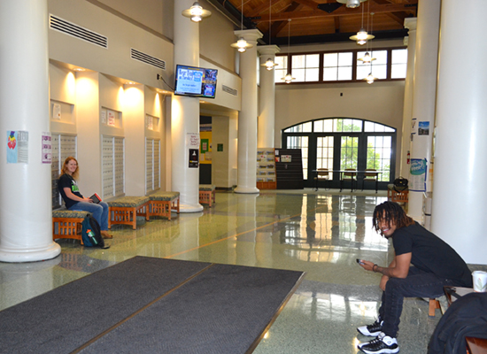 Johnson Hall entryway allows access to Lakeside Dining Center on the left.
