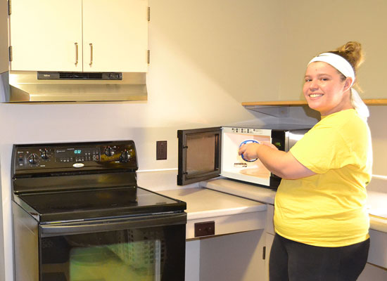 A full kitchen is located on every floor of Johnson Hall. Cookware can be signed out at the front desk.