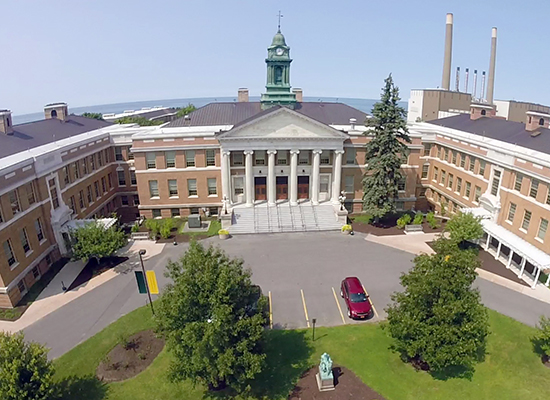 Sheldon Hall- aerial view with the lake in the background.