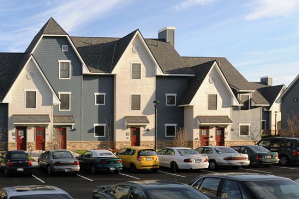 Close up view of The Village townhouses.