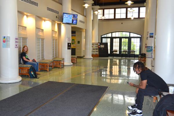 Johnson Hall entryway allows access to Lakeside Dining Center on the left.