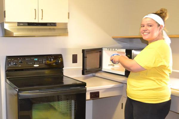A full kitchen is located on every floor of Johnson Hall. Cookware can be signed out at the front desk.