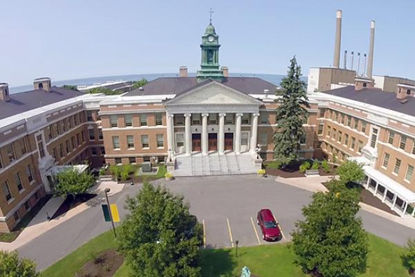 Sheldon Hall- aerial view with the lake in the background.