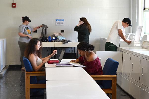 Cayuga Hall students doing their laundry while studying in our bright, sunny, and clean laundry room.