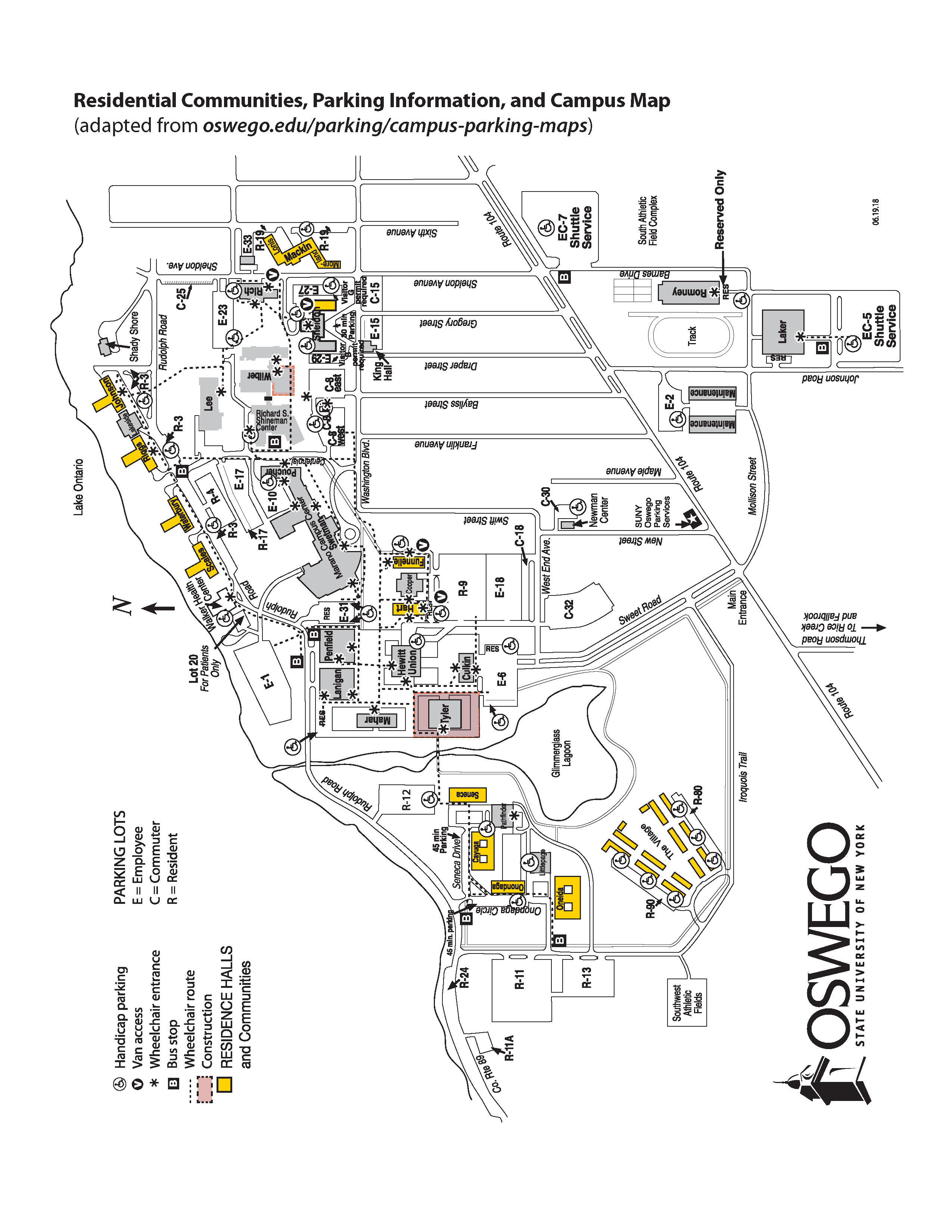 Residential Communities, Parking Information, and Campus Map (adapted from oswego.edu/parking/campus-parking-maps)