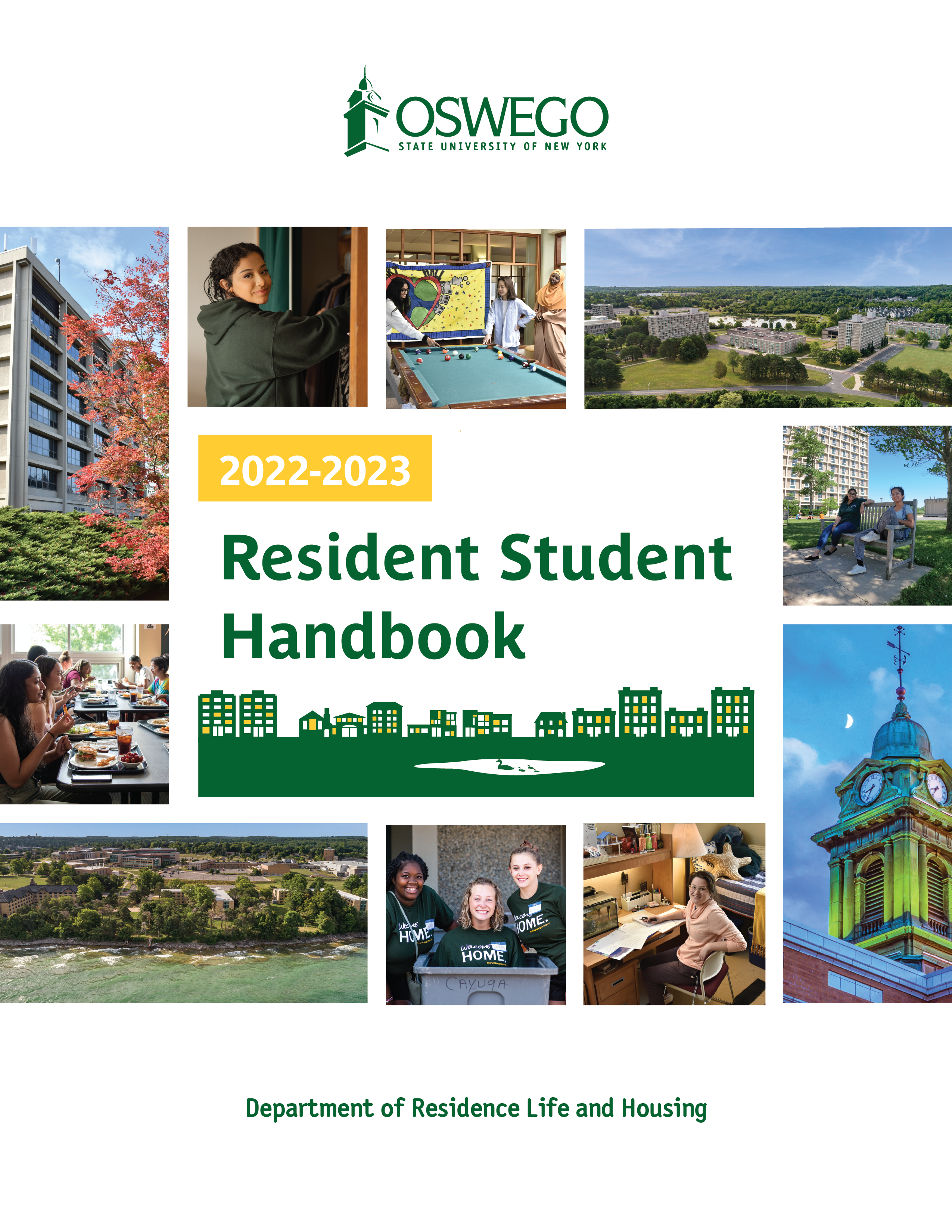 Cover of 2022-23 Resident Student Handbook - Title is surrounded by photos of resident students and of the residence halls