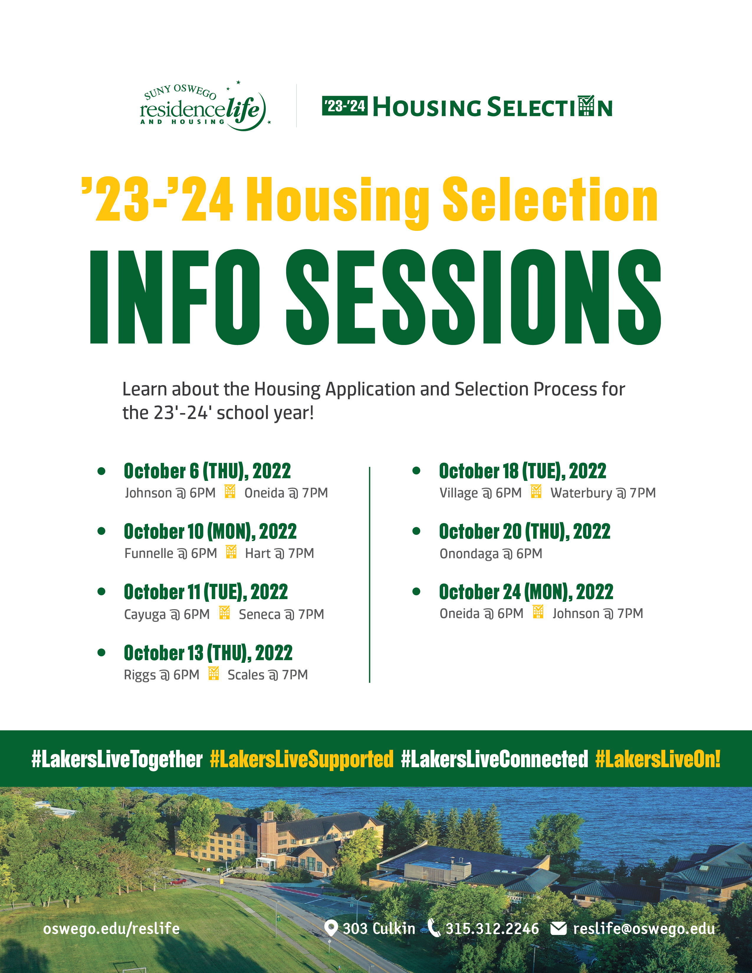 Flyer with dates for Housing Selection Info Sessions in October 2022. Please review text on webpage for dates of Info Sessions