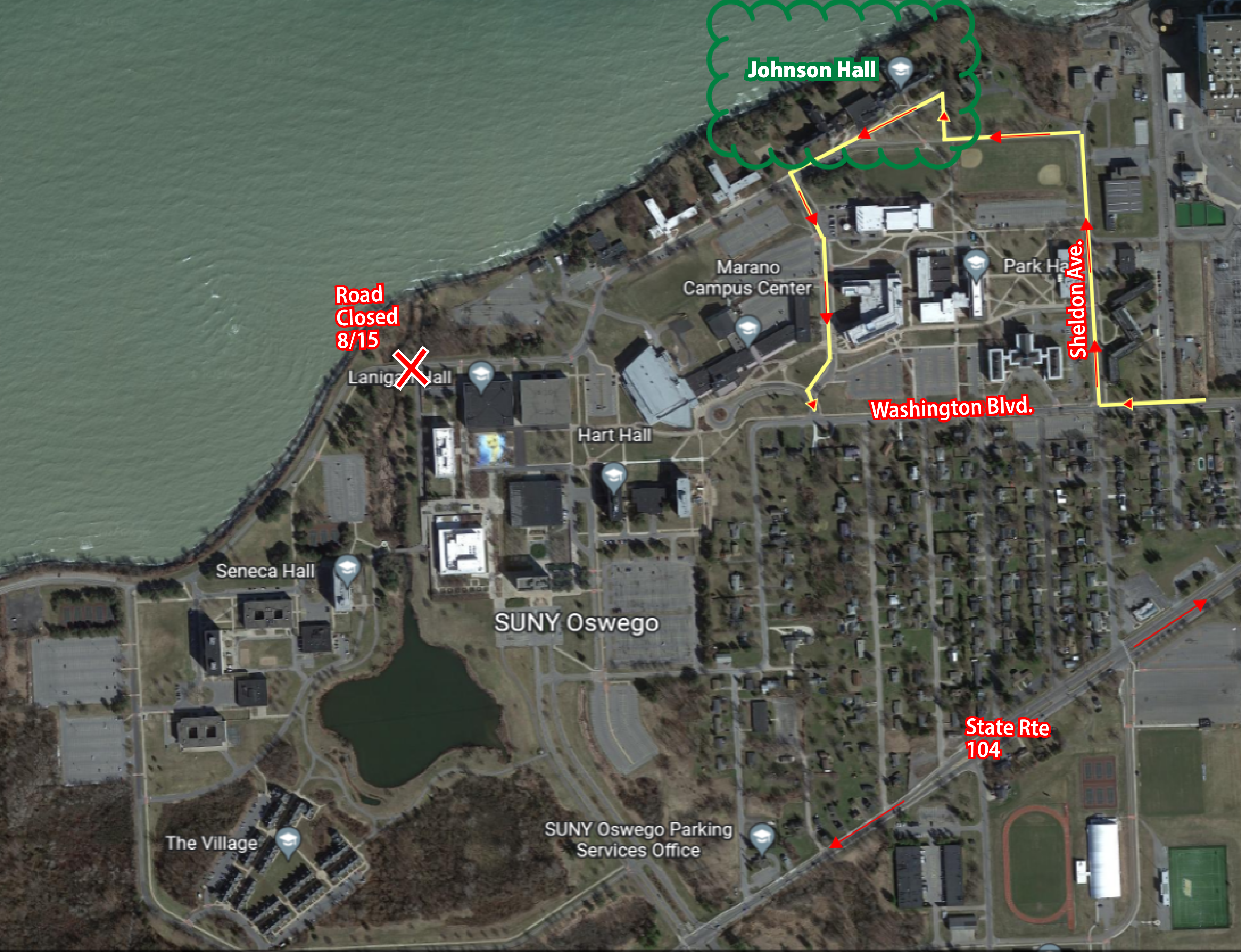 A map which shows how to navigate around partial road closure on campus on August 15, 2022  for students moving into Johnson HallPlease continue reading the text for instructions on entering and exiting campus on move-in day