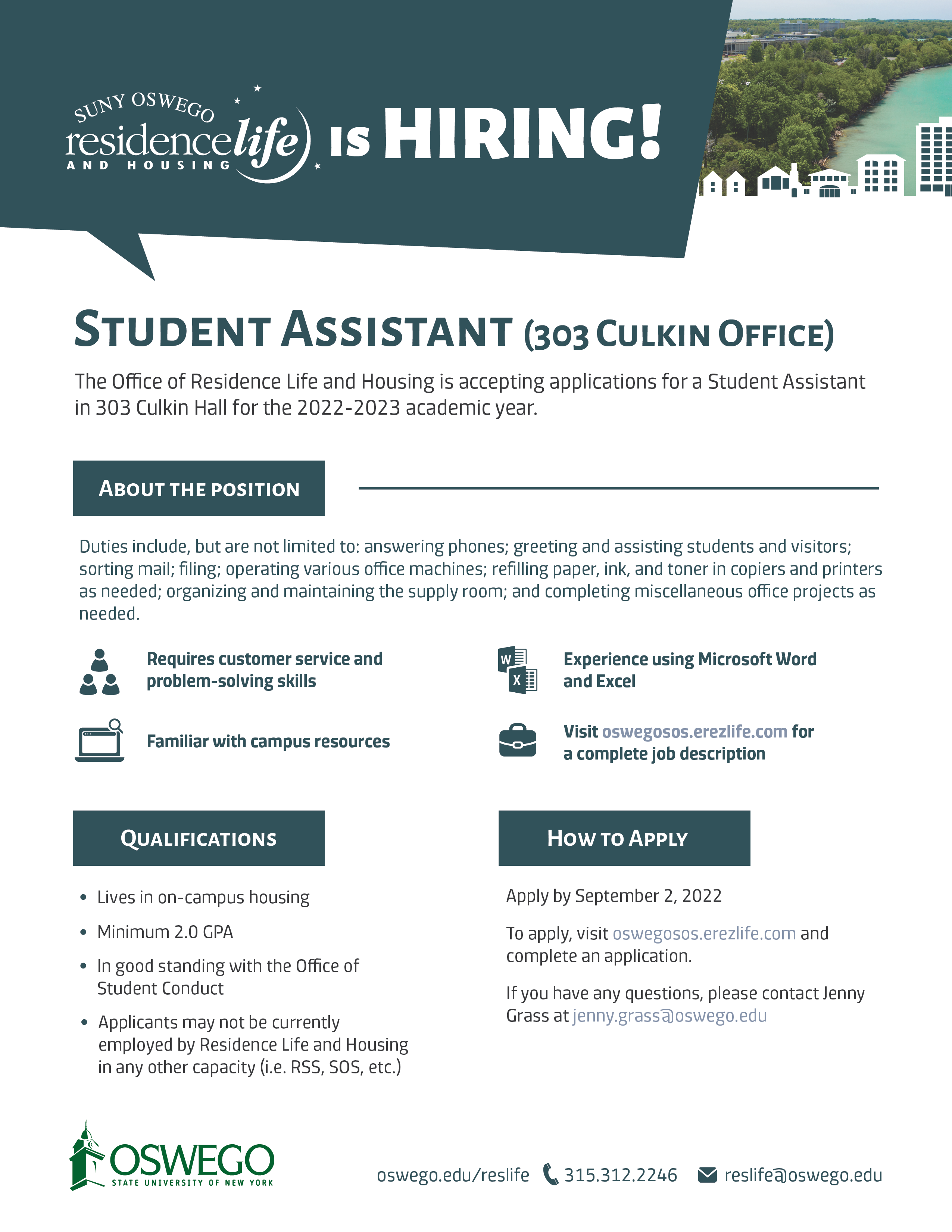 Flyer advertising Student Assistant position available in the 303 Culkin Office at the Department of Residence Life and Housing