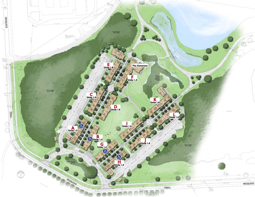 artist's rendering of the Village with unit labels