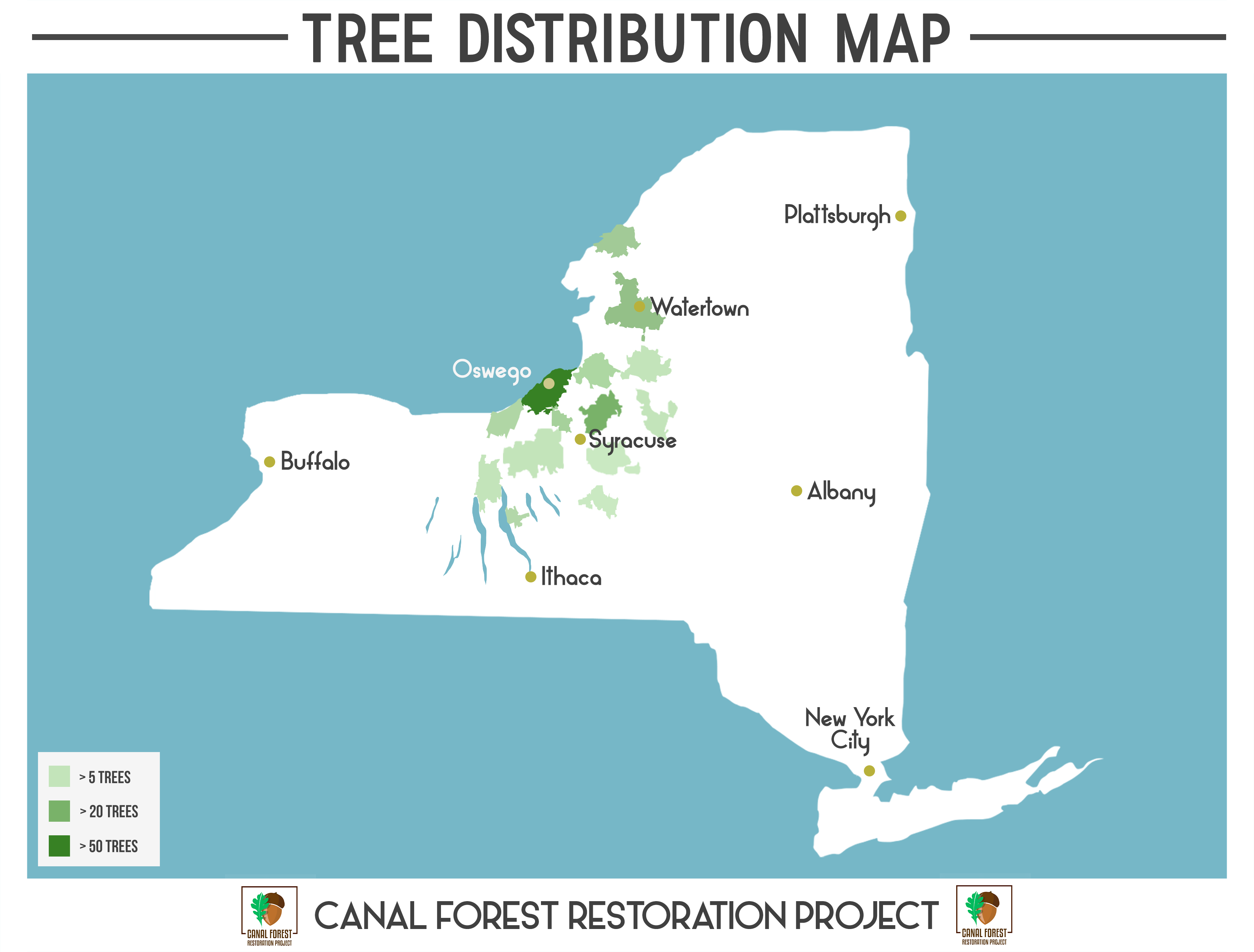 Map of New York State, showing zip codes colored by number of trees planted. Most in central and north-western New York.