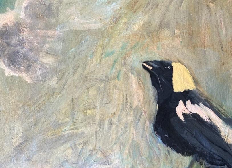 painting of bobolink with sky and clouds behind