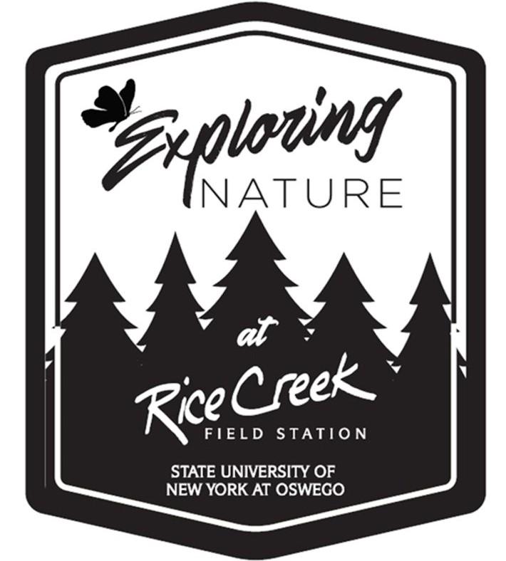 Exploring nature logo, in black and white with a butterfly, pine trees, and the words "Rice Creek Field Station" and "State University of New York at Oswego"