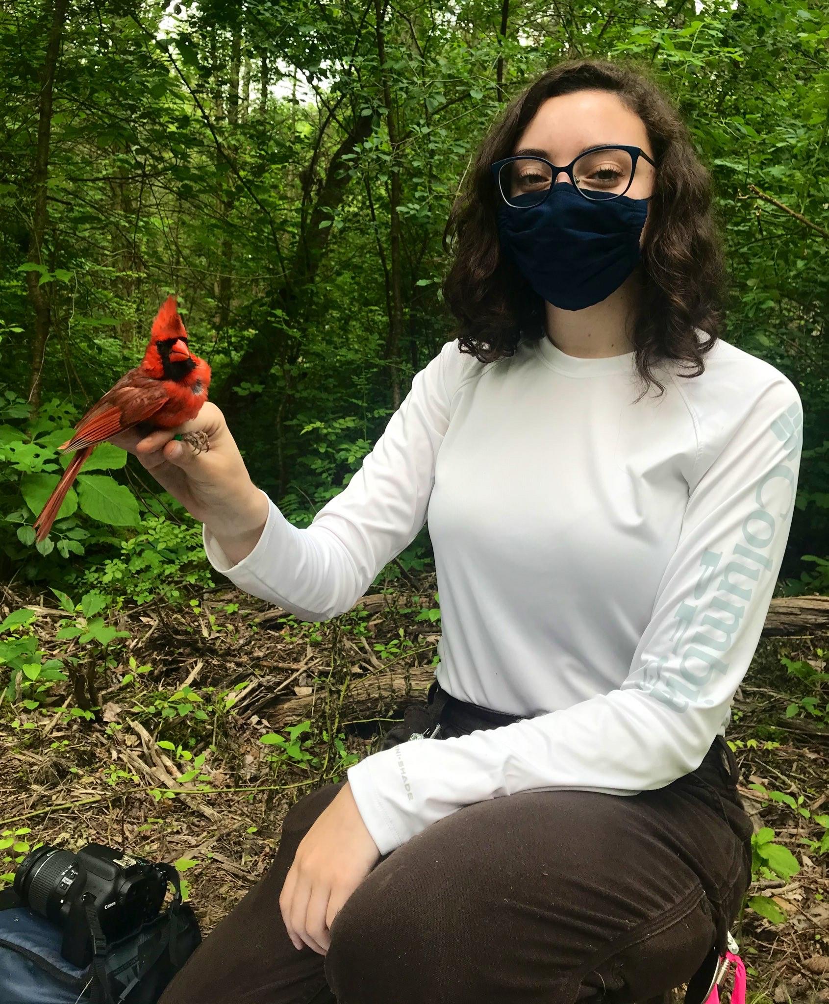 Student Brooke holding a male Northern Cardinal