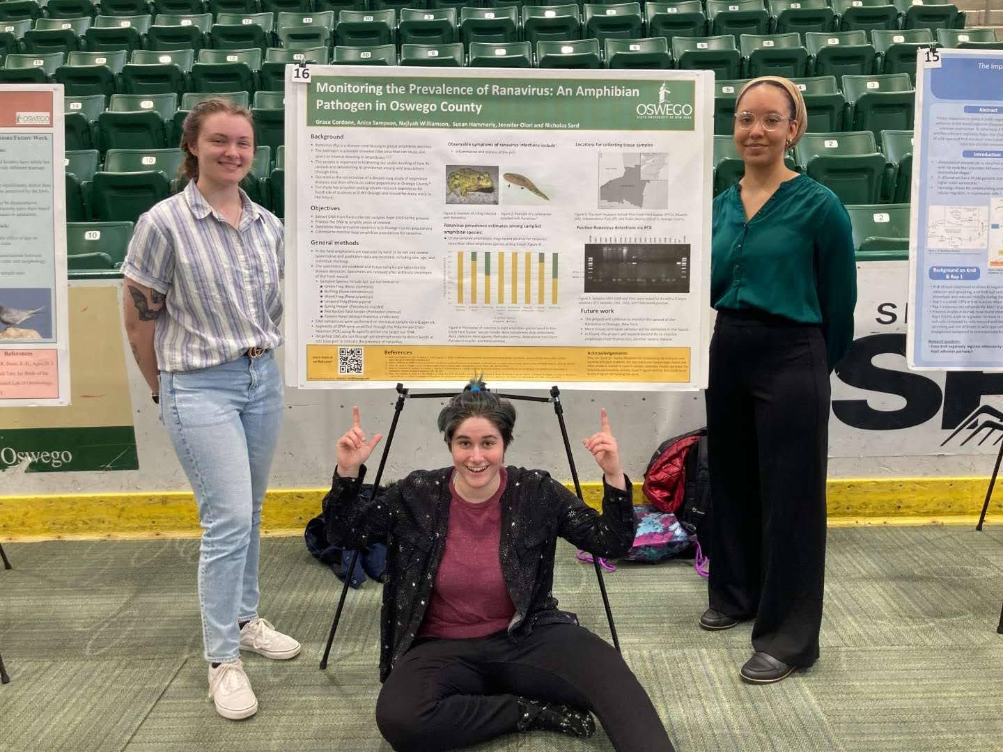 Three women by a scientific poster