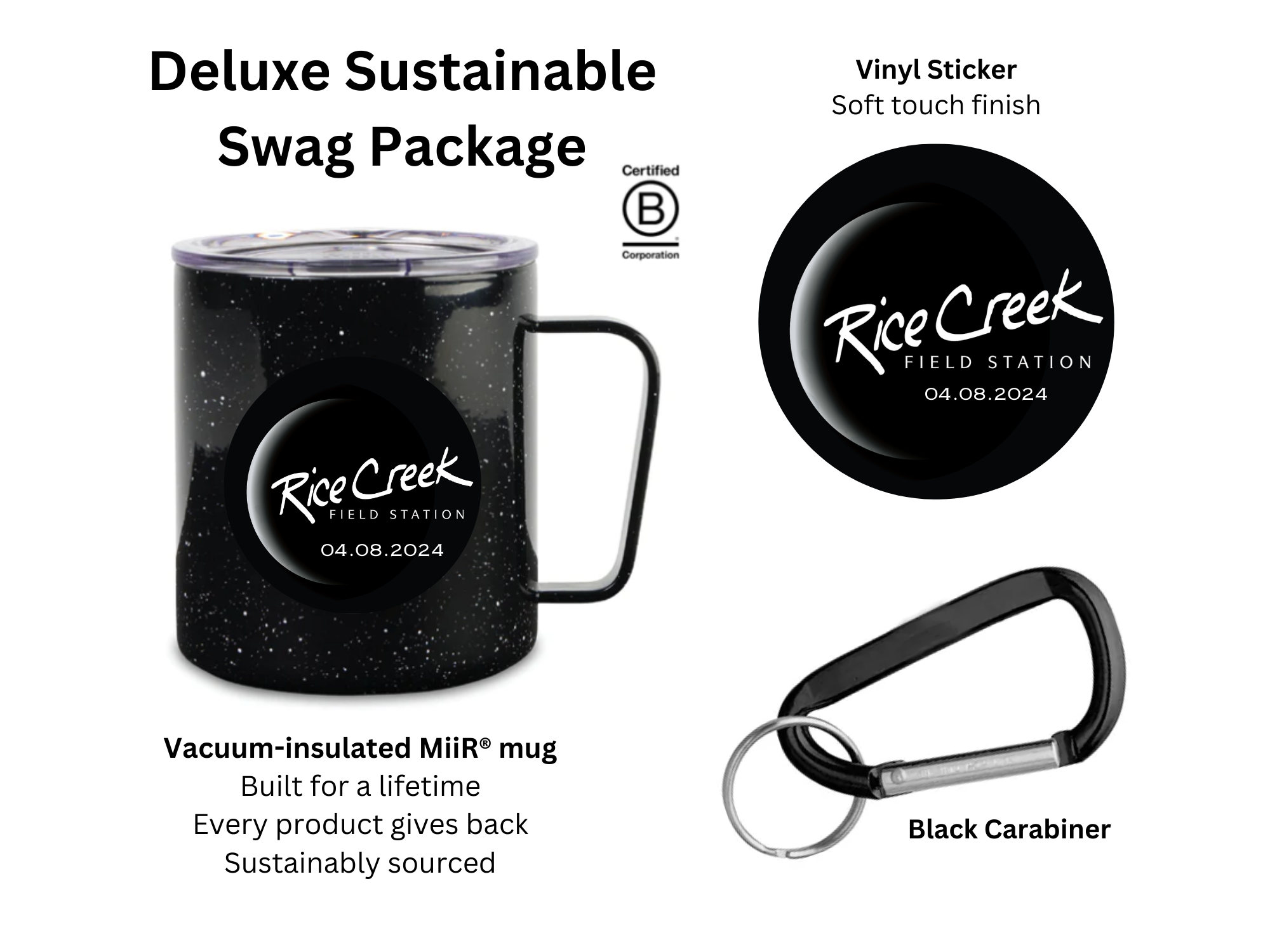 A mug, sticker, and carabiner with the Rice Creek eclipse logo