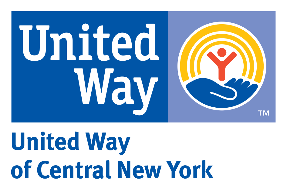 United Way of Central New York with logo, a hand with a person inside with arms outstretch and a yellow rainbow