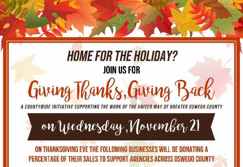 Giving Thanks, Giving Back - Wed. Nov. 21st - Multiple Oswego County Locations!