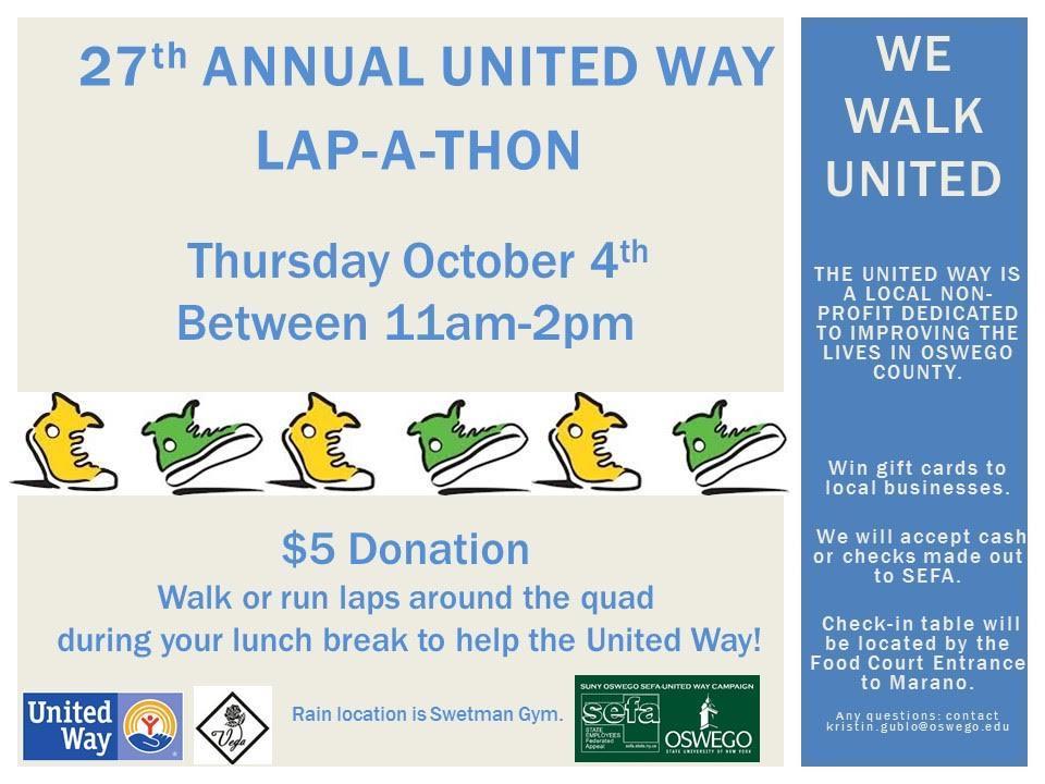 United Way Lap-A-Thon - Thurs. Oct. 4th from 11am-2pm United Way Lap-A-Thon - Thurs. Oct. 4th from 11am-2pm