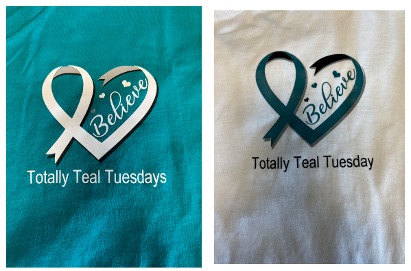 Shows "Believe, Totally Teal Tuesdays" and a ribbon heart logo - teal and white