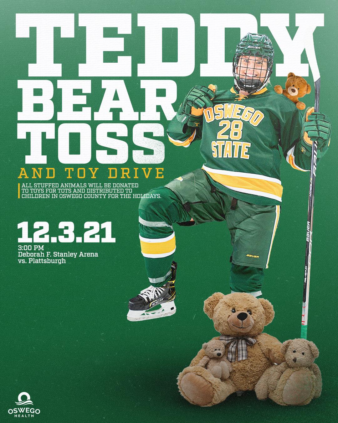 Women's hockey player standing next to stuffed bears, with event details (included here)
