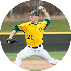 Laker baseball player throwing pitch