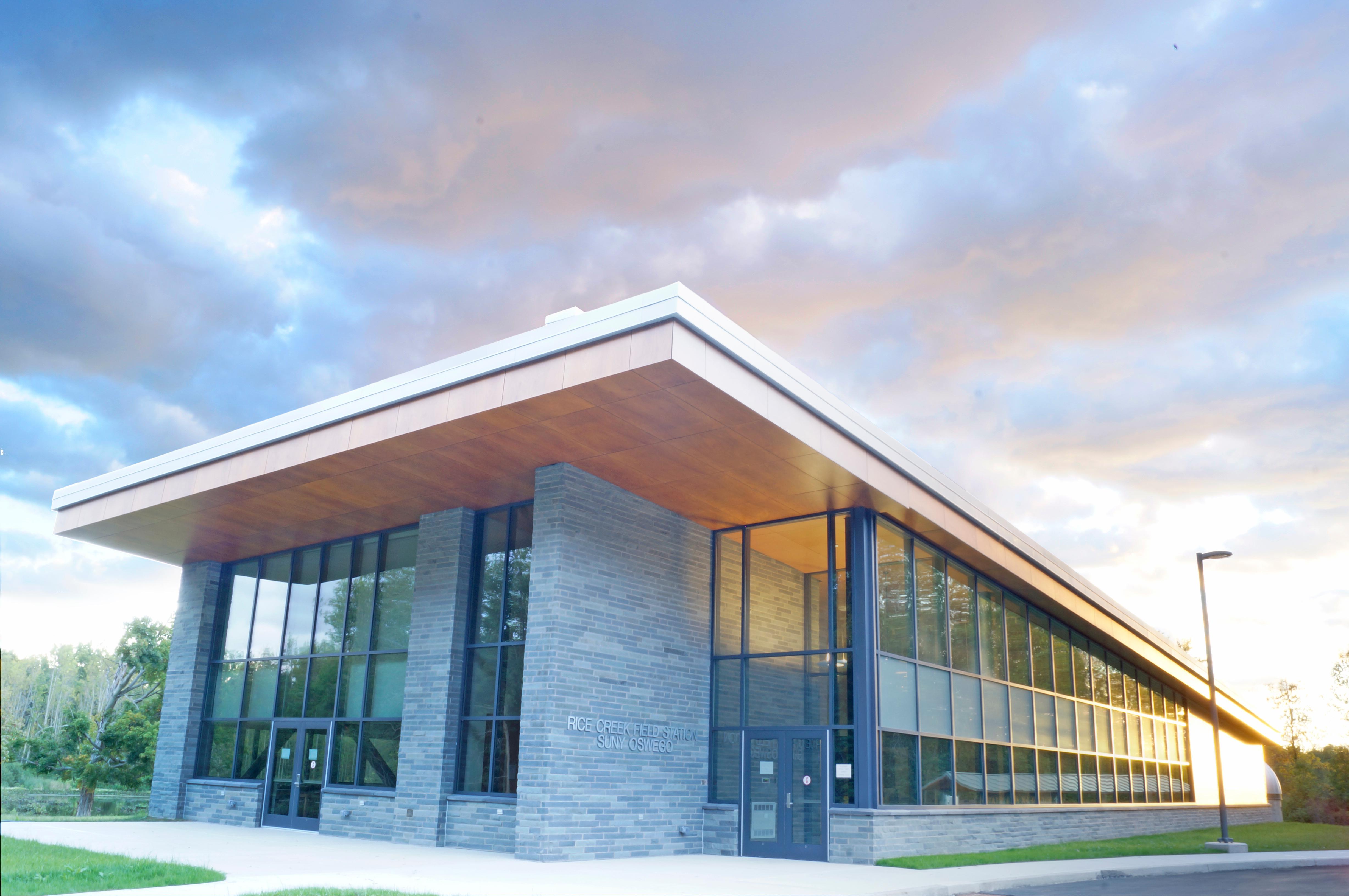 Exterior of Rice Creek building at sunset