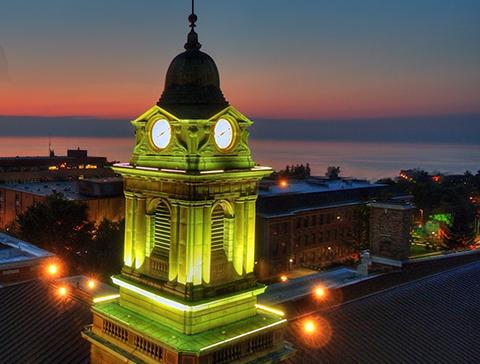 Aerial evening view of Sheldon Hall cupola