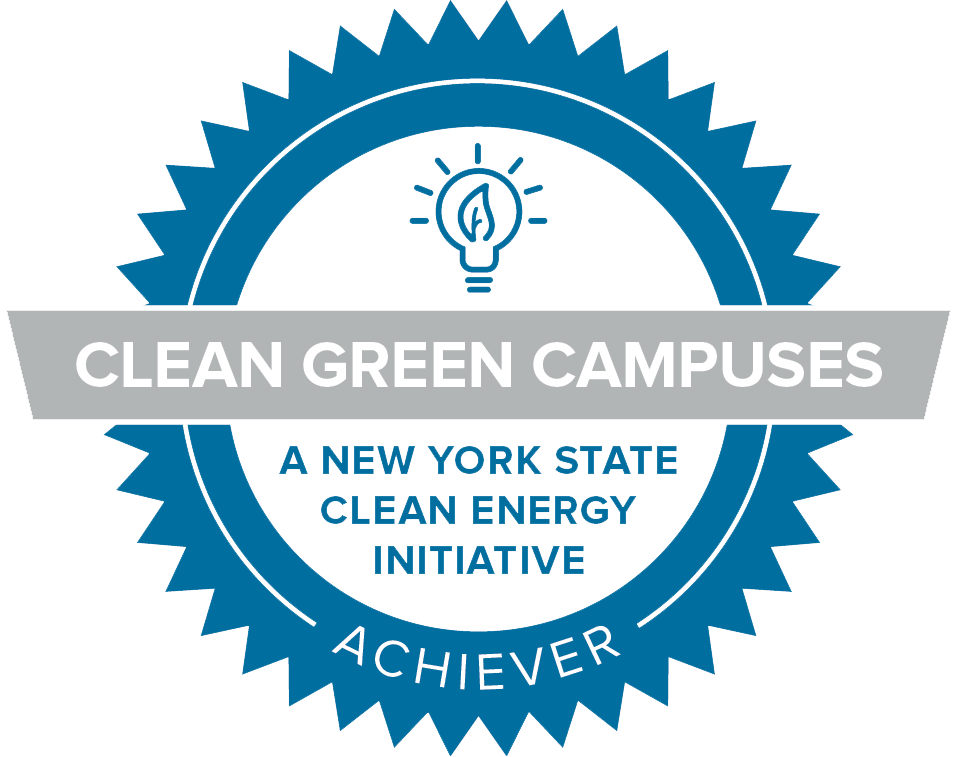 blue and white circular logo with blue outer pointed stroke with clean green campuses 