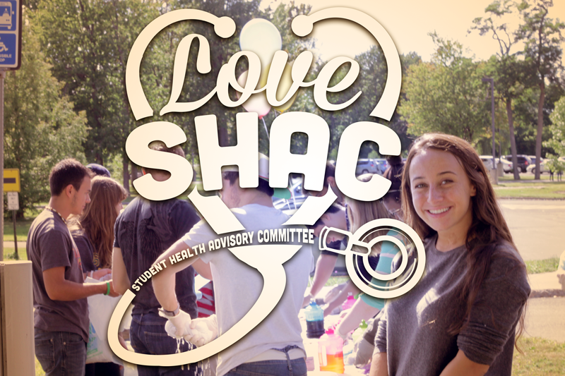 SHAC Fair Photo and Image Student Health Advisory Committee logo with an image from their annual SHAC fair featuring tye dying shirts.